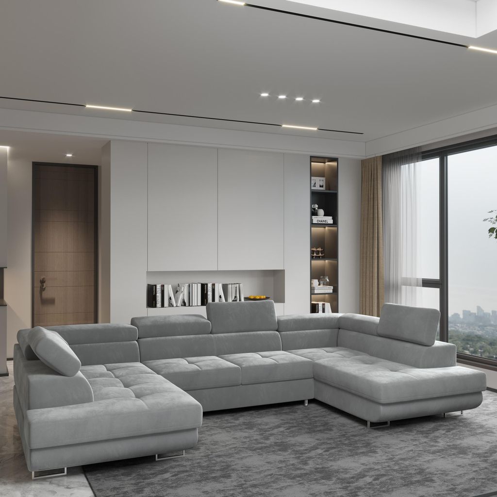 Masseno Ecksofa RAGGIO mit Schlaffunktion U-Form, Sofa mit Bettkasten, Wohnzimmersofa, Couch, Soffa, Bettsofa, Couchgarnitur- Hellgrau, MONOLITH 84