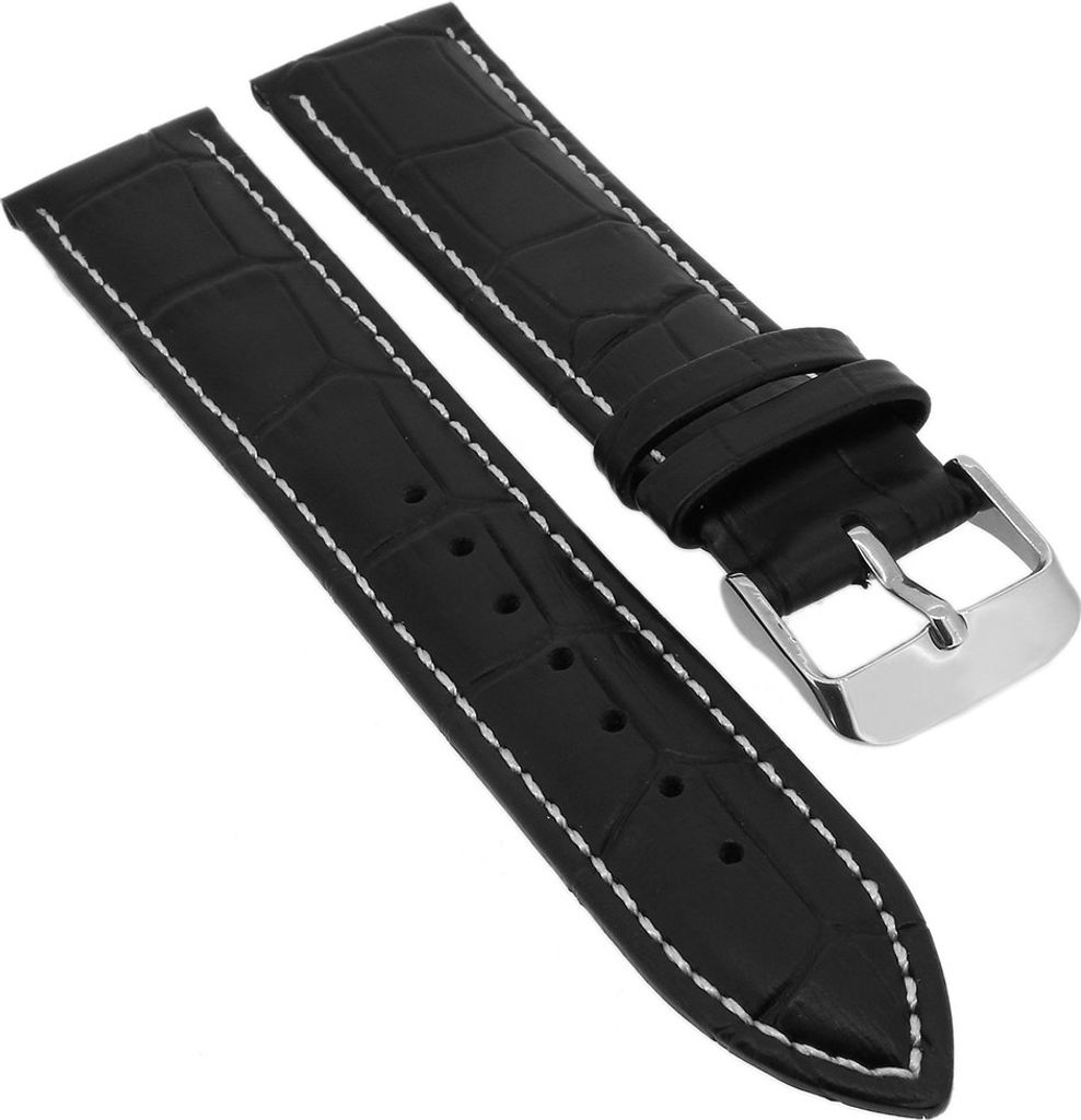Minott > Uhrenarmband Krokooptik > Lederband schwarz > Kontrastnaht, Stegbreite:16mm, Schließe:Silbern