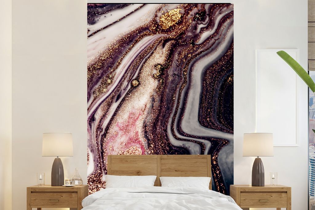 MuchoWow Fototapete für Wohnzimmer oder Schlafzimmer Wandtapete Vinyl Motivtapete Marmor - Rosa - Gold - Glitzer - Marmoroptik - 170x260 cm - Wo...