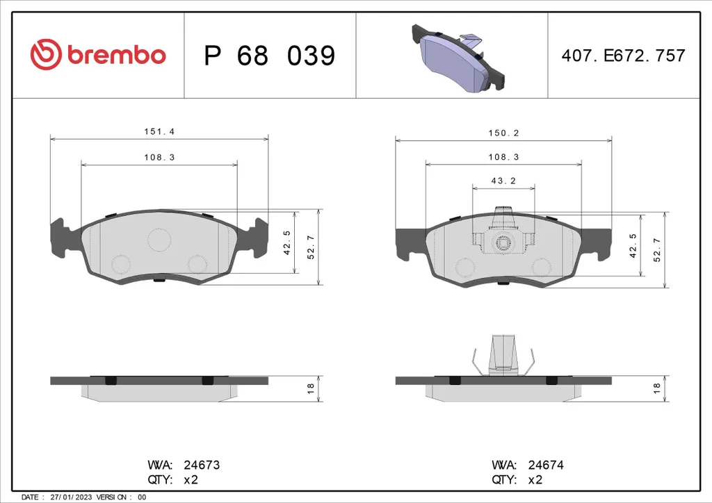 Plaquettes de frein silencieuses Brembo P 68 039 - Qualité OE Logan I