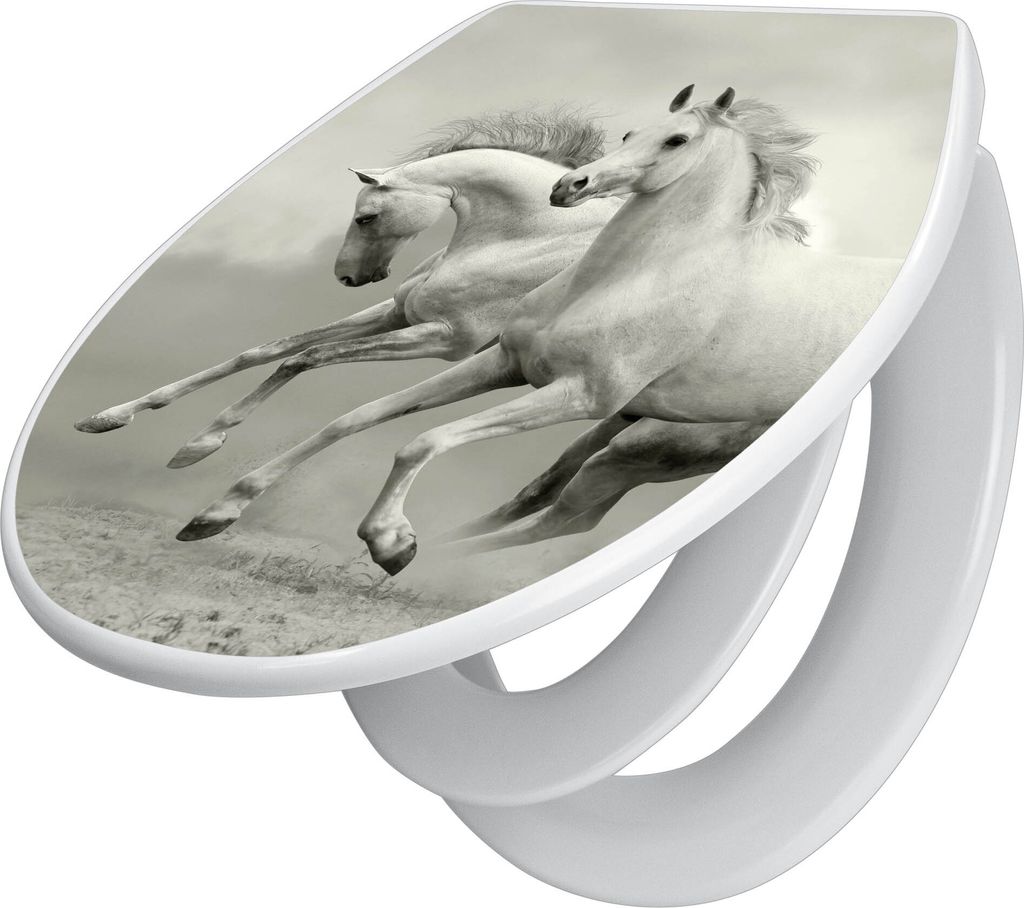 banjado Familien WC Sitz mit Absenkautomatik 37x44,5x5cm -Wilde Pferde SW - Klodeckel/Klobrille mit kindersitz aus hochwertigem Polypropylen - univ...