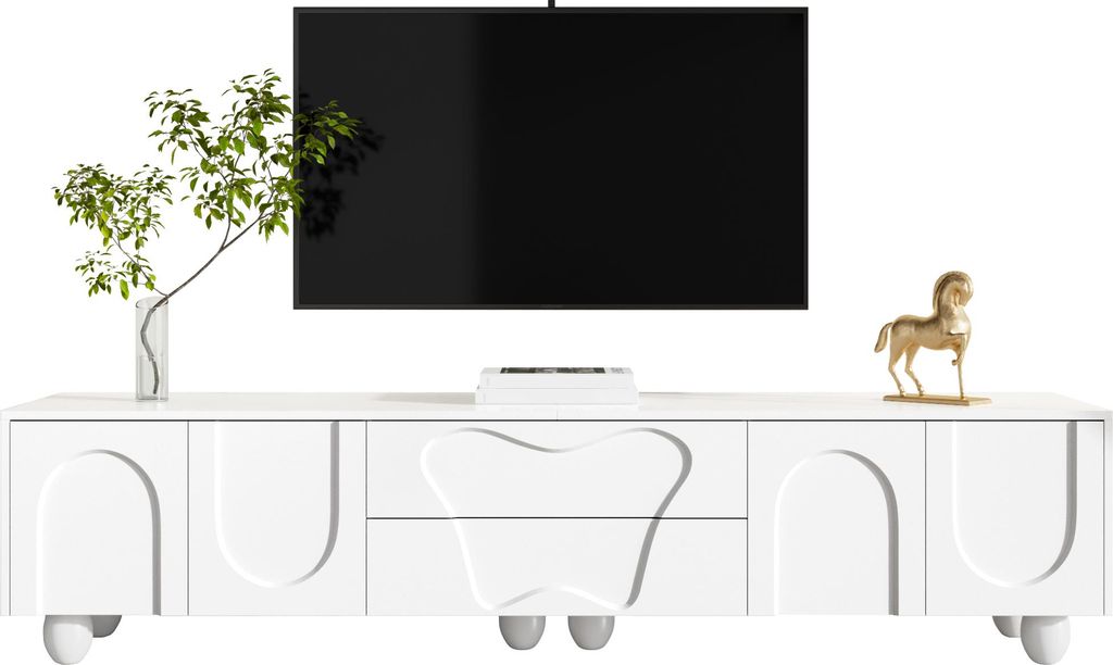 Weißer TV-Schrank mit Holzbeinen, 180 cm breit – minimalistisches Design, viel Stauraum mit Schubladen und Fächern, für ein aufgeräumtes Wohn...