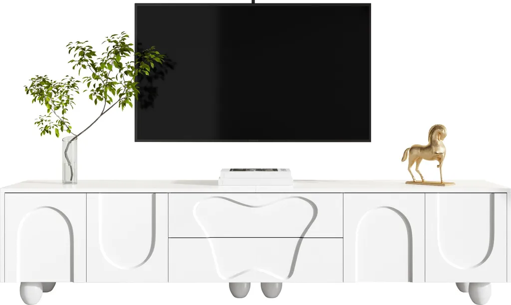 Meuble TV blanc Sweiko 180 cm avec pieds en bois massif pour salon chic
