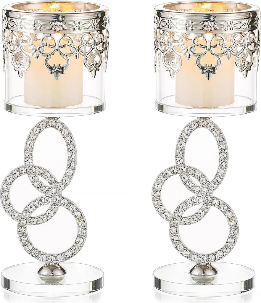 Décoration de Table Mariage : Lot de 2 Porte-Bougies Cristal Argent