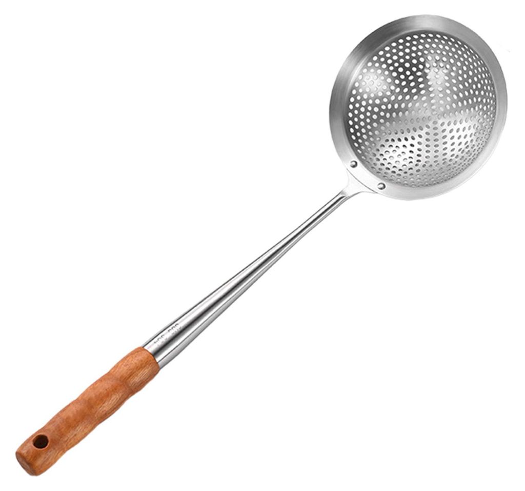 Großer Schaumlöffel aus Edelstahl mit Holzgriff, robuster Schaumlöffel zum Braten von Teigtaschen und Nudeln, rostfrei, spülmaschinenfest, Küc...