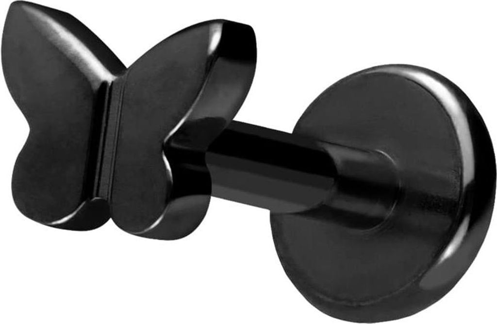 Ohrpiercing, Nasenpiercing Titan Labret mit Push Fit SCHMETTERLING Schwarz Stablänge: 6mm | Stabstärke: 1,2mm | Discgröße: 4,5mm
