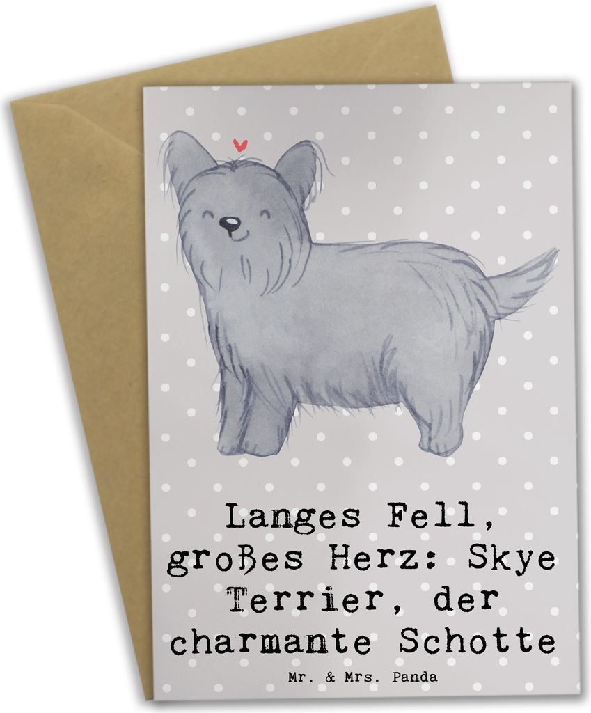 Mr. & Mrs. Panda Grußkarte Skye Terrier - Grau Pastell - Geschenk, Hunderassen Beschreibung, osterkarte, Hundeliebhaber, glückwunschkarten, hochz...