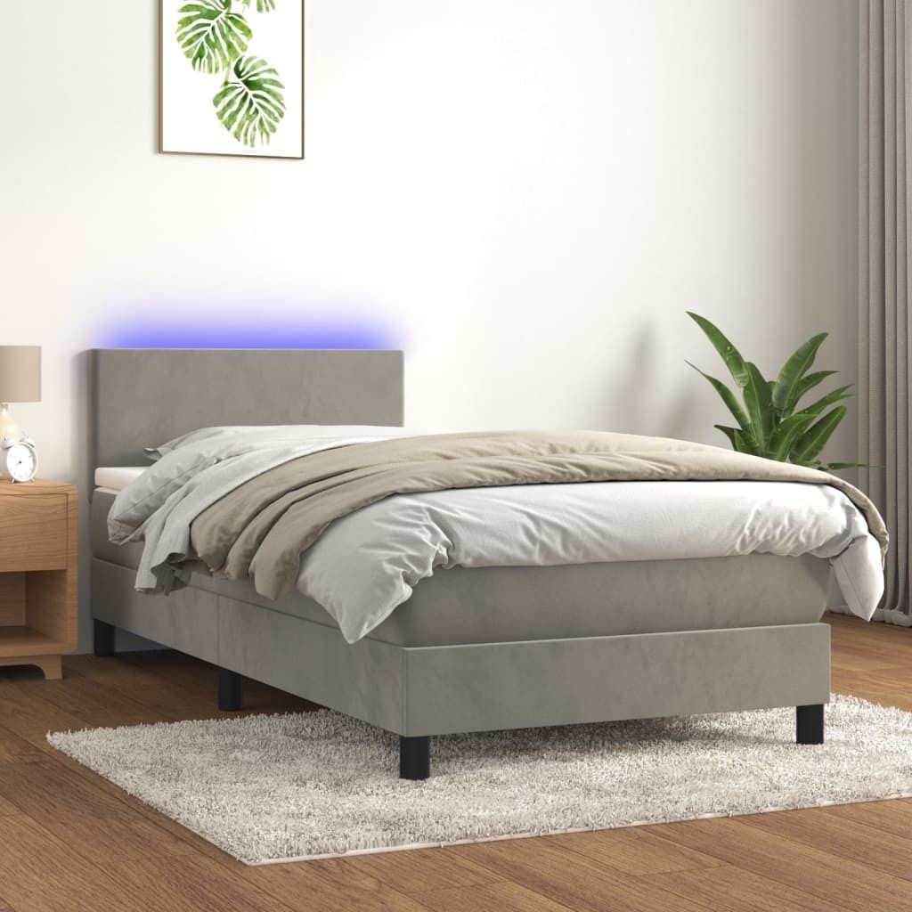The Living Store Boxspringbett mit Matratze & LED Hellgrau 90x200 cm Samt