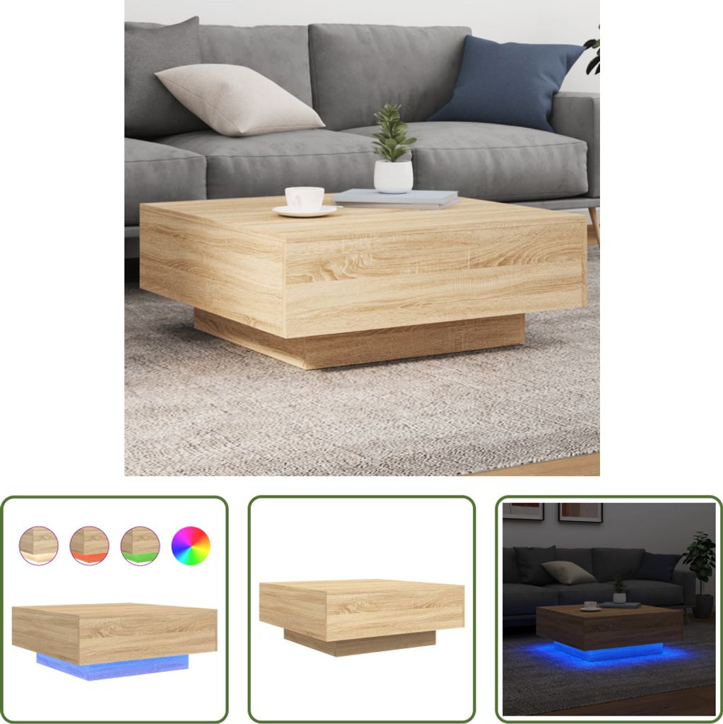 The Living Store Couchtisch mit LED-Leuchten Sonoma-Eiche 80x80x31 cm