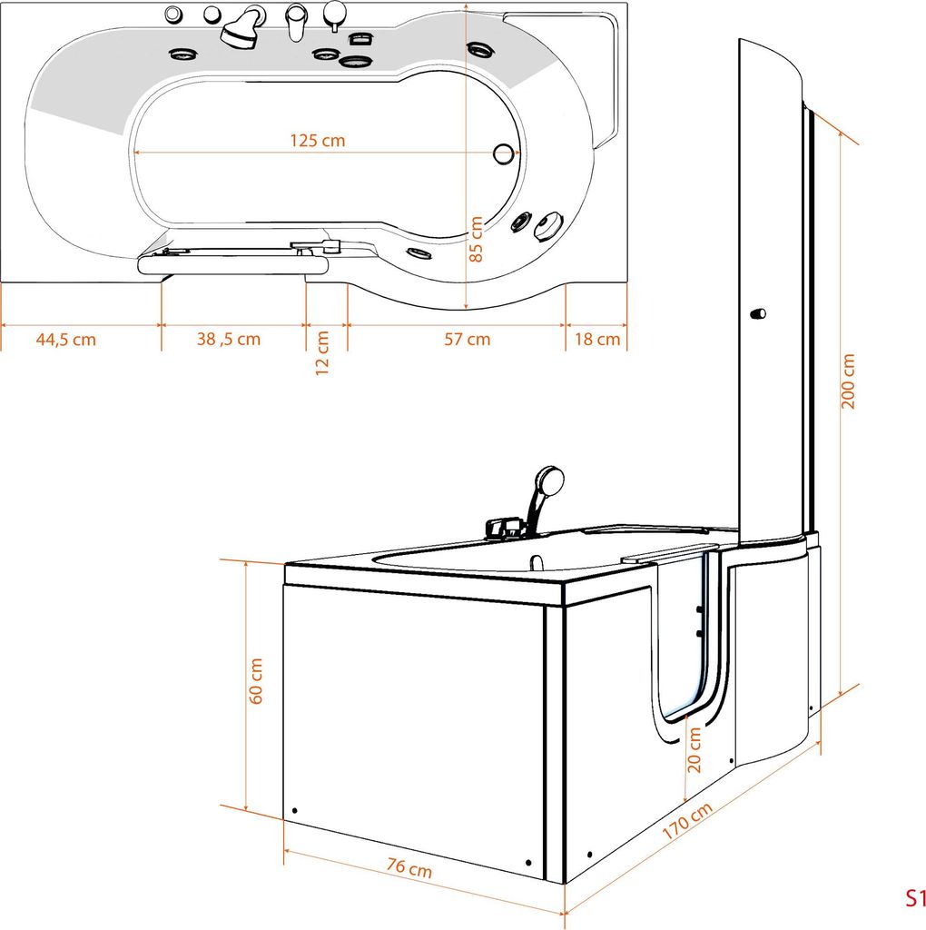 Diagrams and dimensions of a shower and bathtub combination.