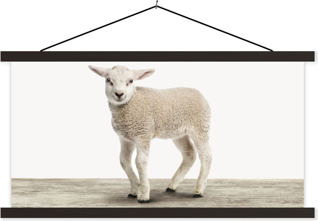 MuchoWow Textilposter Lamm - Schaf - Tiere - Kinder - Mädchen - Jungen 90x45 cm mit schwarzem Rahmen - Klemmleisten