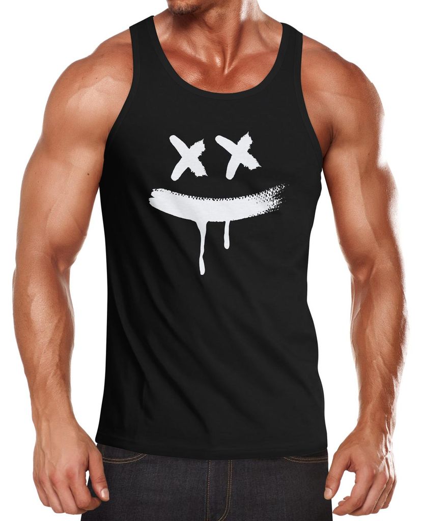 Herren Tank-Top Print Bedruckt Aufdruck Creepy Smile Verücktes Lächeln Sneaky Muskelshirt Muscle Shirt Neverless schwarz XL