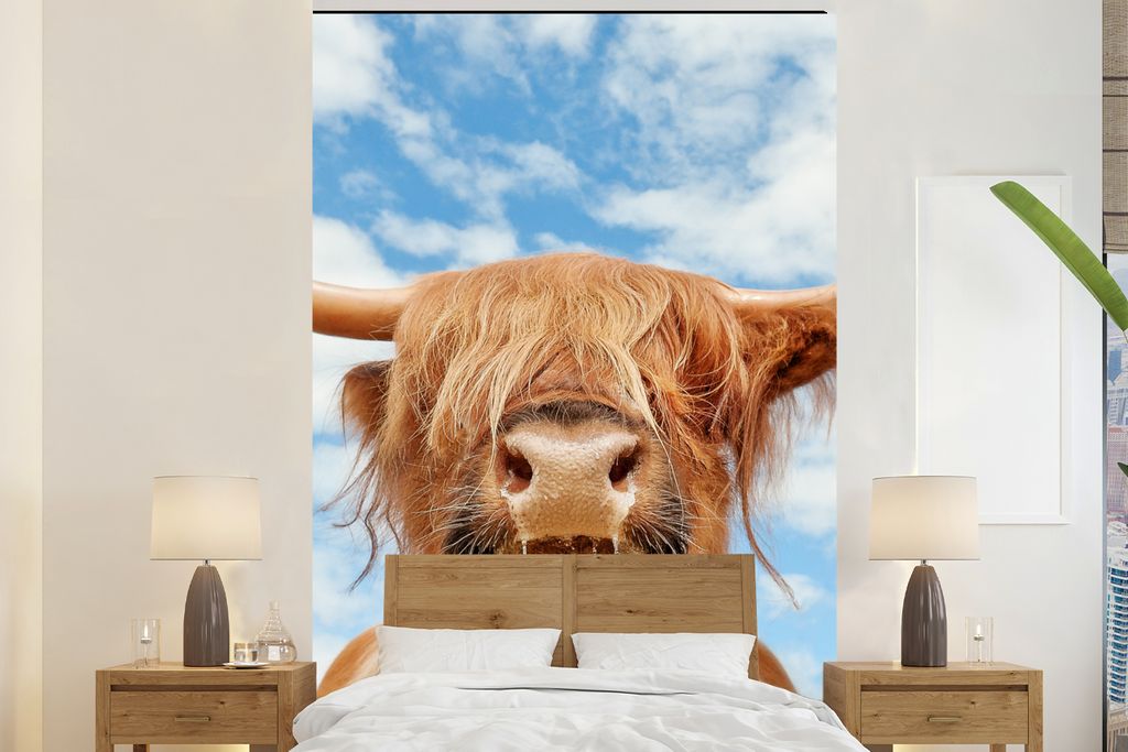 MuchoWow Fototapete für Wohnzimmer oder Schlafzimmer Wandtapete Vinyl Motivtapete Schottischer Highlander - Wolke - Tiere - 155x240 cm - Tapete