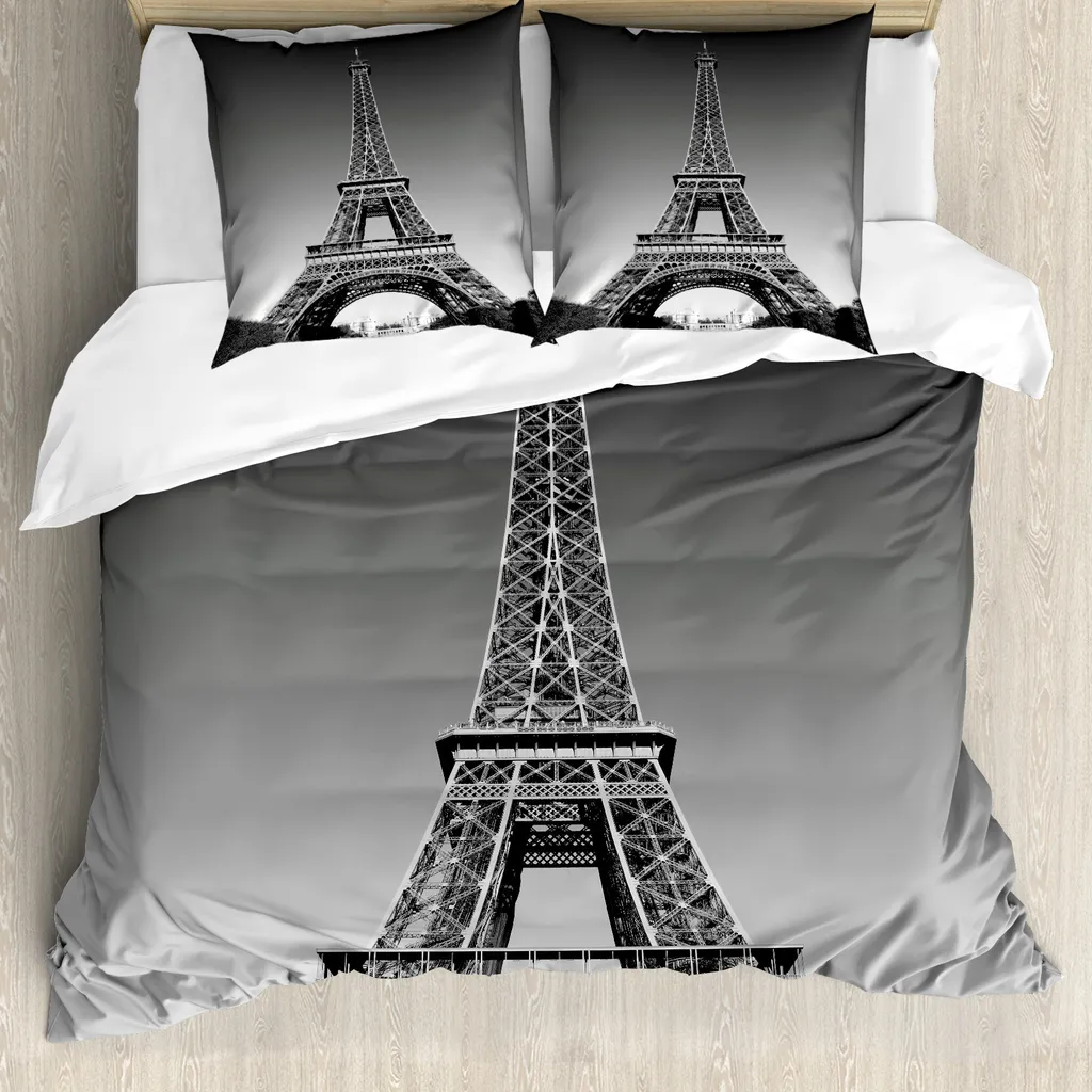 ABAKUHAUS Copripiumino Torre Eiffel, Paris Landmark, antiacaro, adatto a chi soffre di allergie, con federe, 155 cm x 220 cm - 80 x 80 cm, grigio