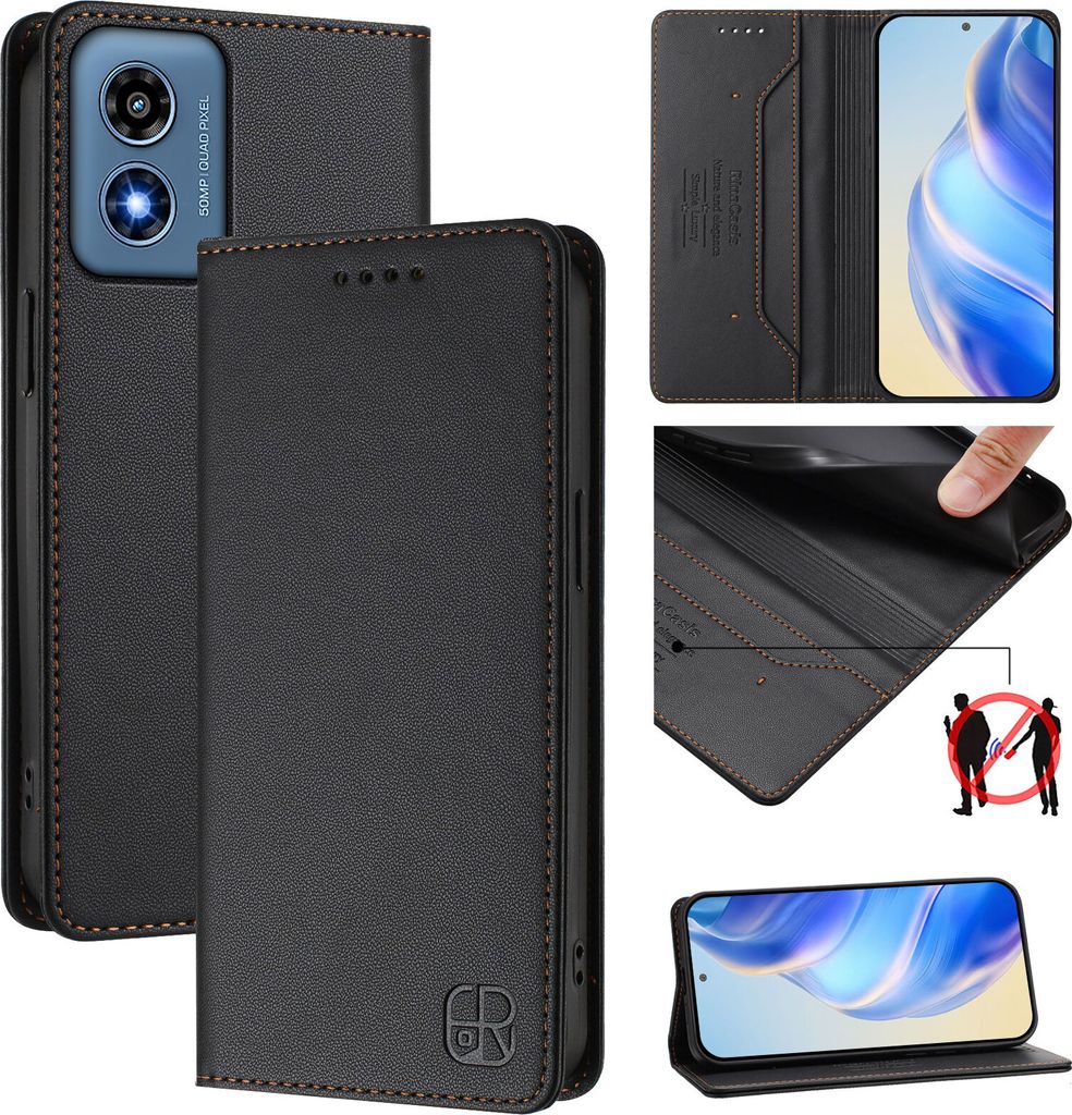 Lederhülle für Motorola Moto G Play 4G 2024 Hülle Flip Brieftasche Kartenfächern Ständer Schutzhülle Schwarz