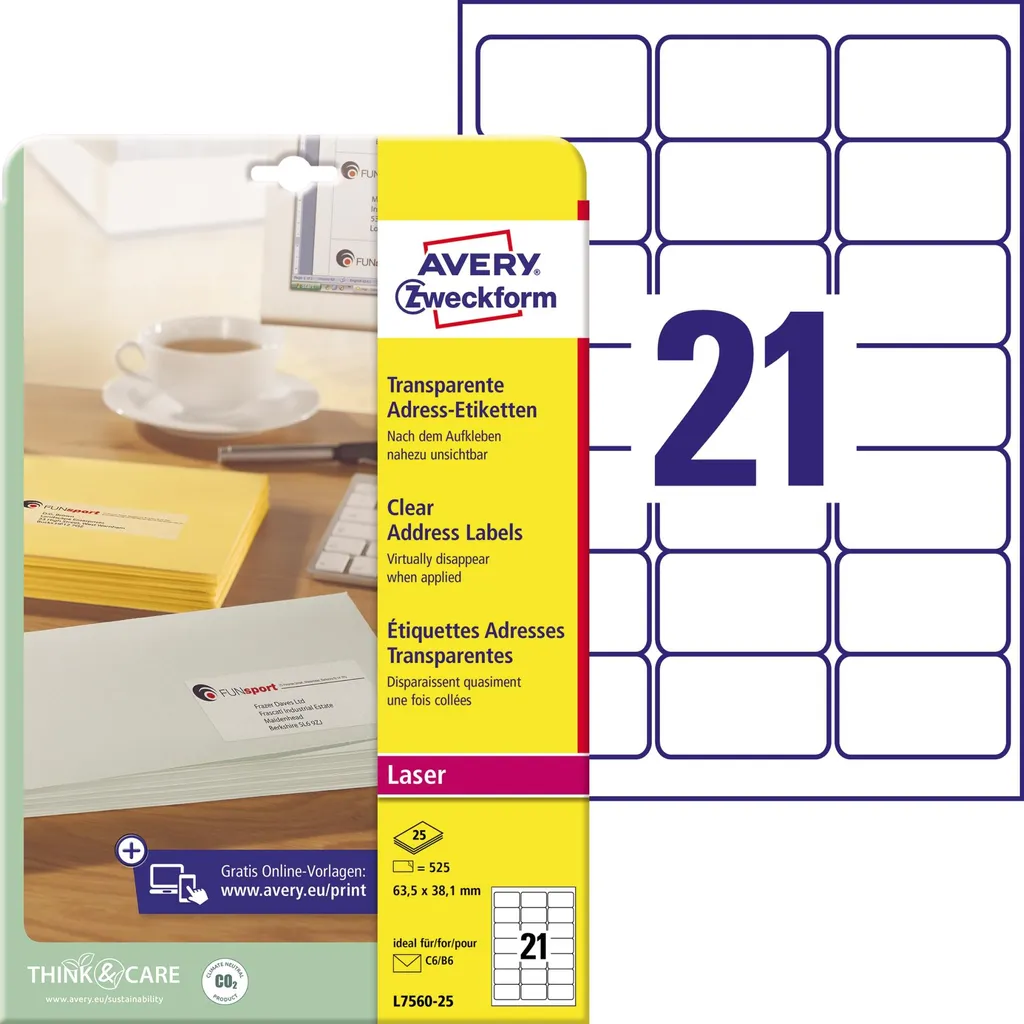 Avery L7560-25 Confezione 25 Fogli Etichette Crystal Clear Laser