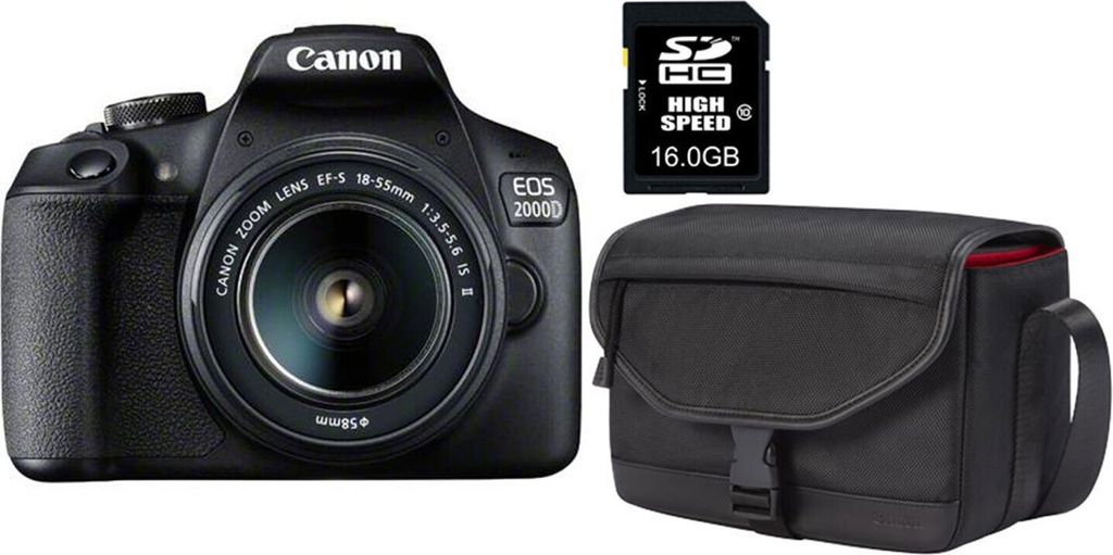 A Canon EOS 2000D camera, an SD card, and a camera bag are displayed against a white background.