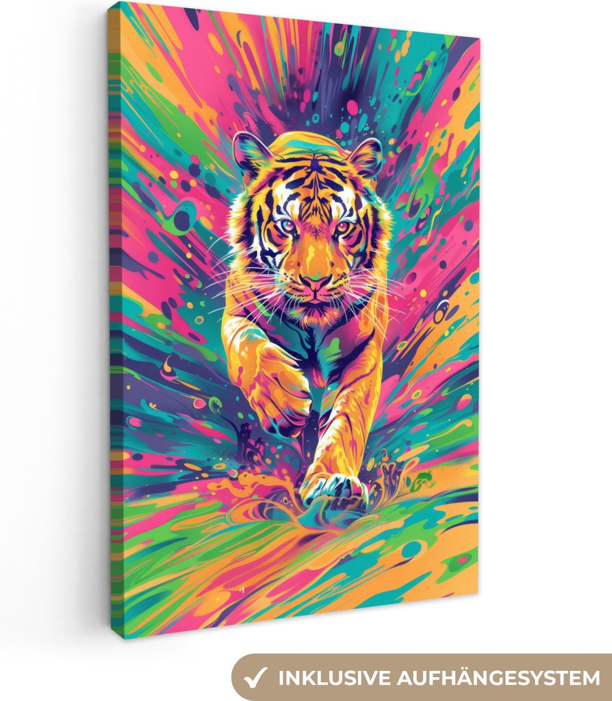 MuchoWow - Leinwandbilder - Tiger - Wildtiere - Farbenfroh - , Wandbild, Wanddeko Bilder Wohnzimmer, 40x60 cm