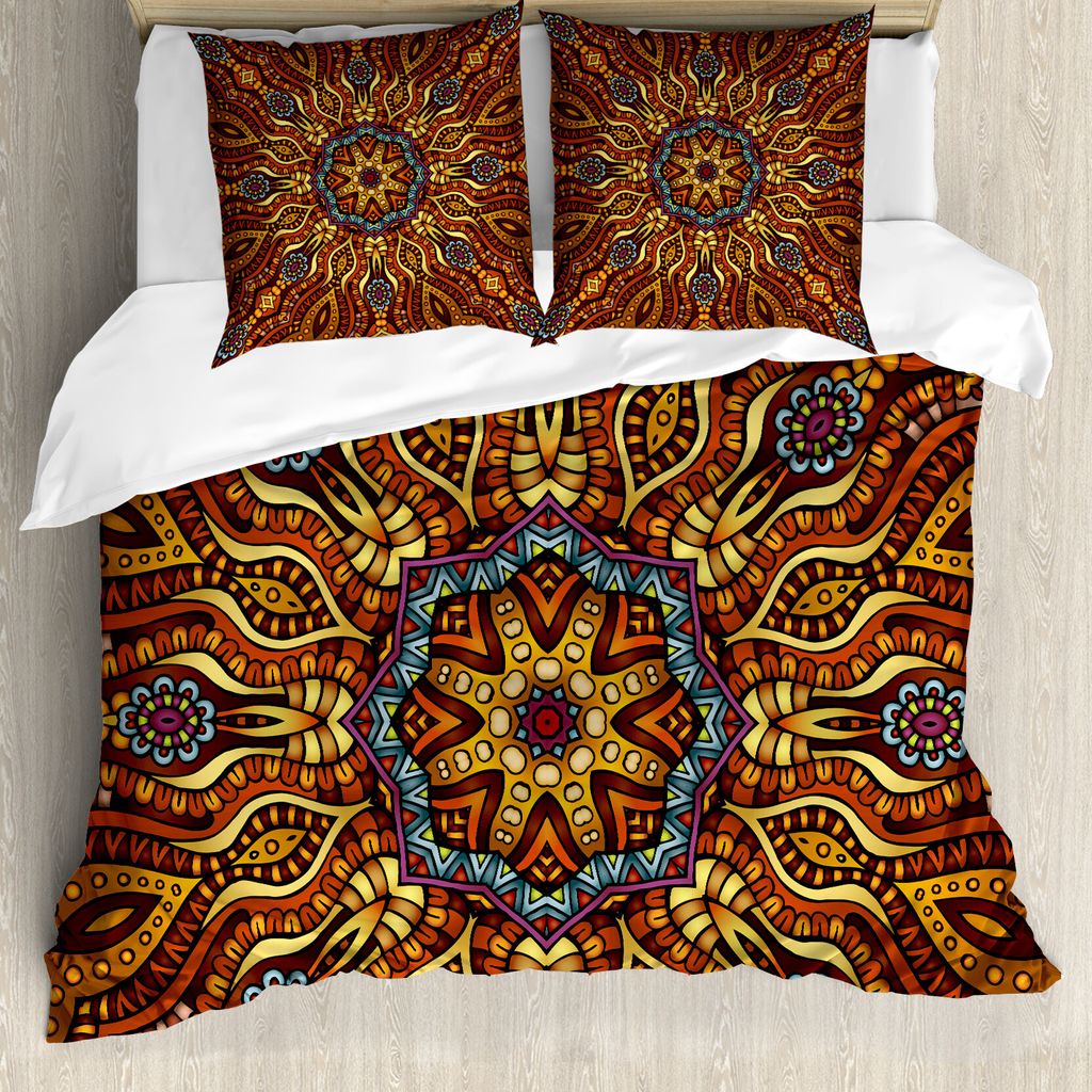 ABAKUHAUS Ethnisch Bettbezugs Set Für Doppelbetten, Kaleidoskop Design Boho, Milbensicher Allergiker geeignet mit Kissenbezügen, Ringelblume Gelb...