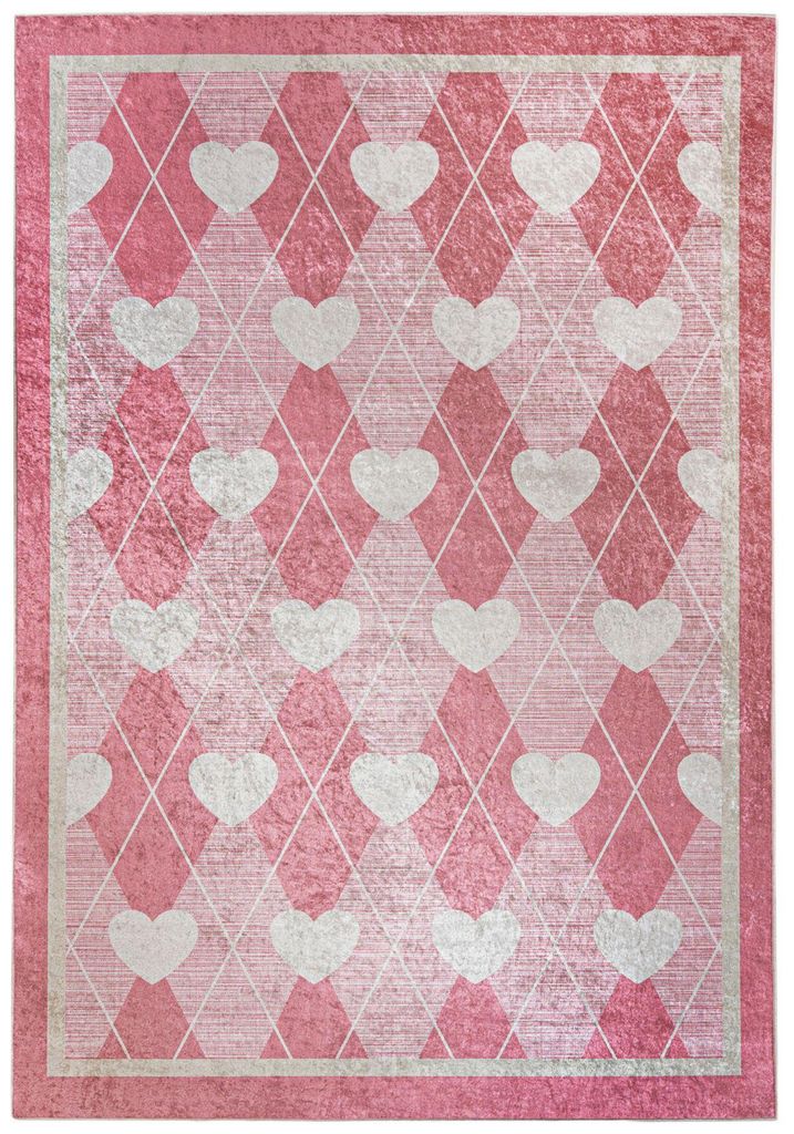 Mazovia Kinderteppich Herzen Rosa 80x150 cm Kurzflor Pflegeleicht Spielteppich für Kinderzimmer