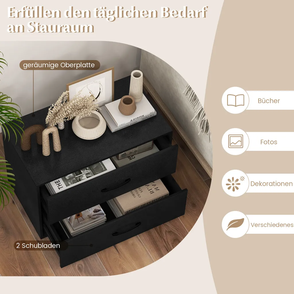 Meuble Bas de Rangement pour Chambre ou Bureau avec 2 Tiroirs Noir - 5