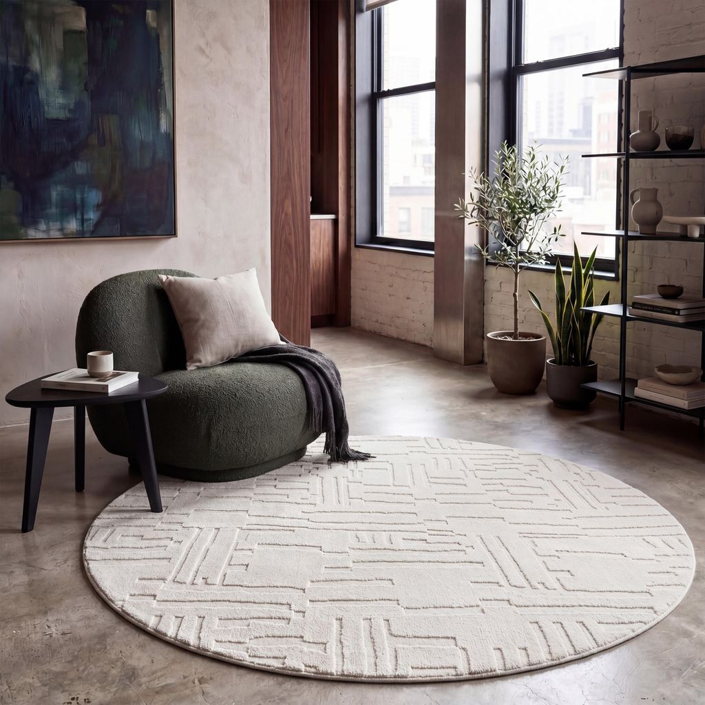 Teppich Wohnzimmer Hochflor Skandi Boho Geometrisch Abstrakt Uni Waschbar Creme Grösse 160 cm Rund