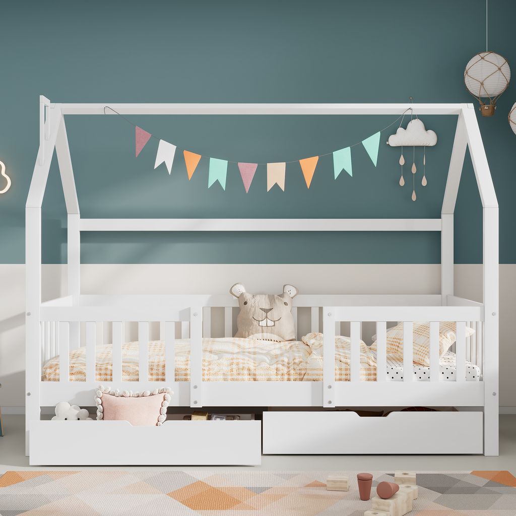 okwish Kinderbett 90 x 200 cm, Heimbett mit Kamin, zwei Schubladen, stabiler Lattenrost, Kinderheimbett in Kiefer, weiß (ohne Matratze)