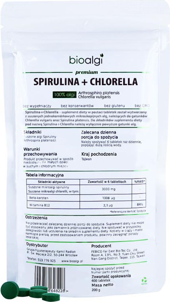 Natürliche Bioalgen Spirulina + Chlorella - Vitalität 400 Tabletten