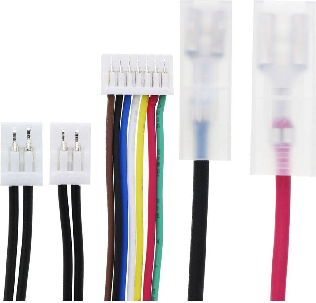 A collection of electronic connectors and wires against a white background.