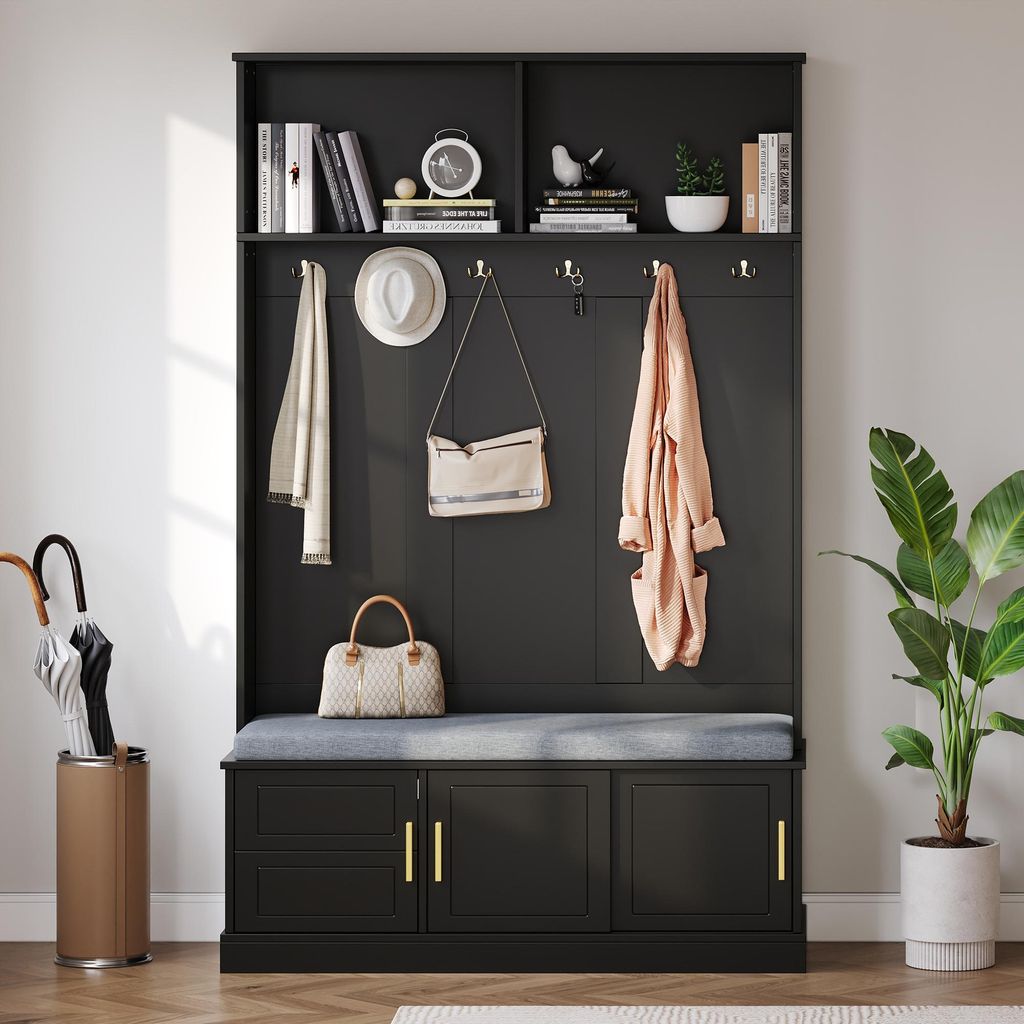 Flieks Schuhschrank mit Sitzfläche und Kissen, Hoher Schuhkipper Schuhkommode mit Haken und Türen, Freistehend Schuhregal, 120x40x191cm, Schwarz