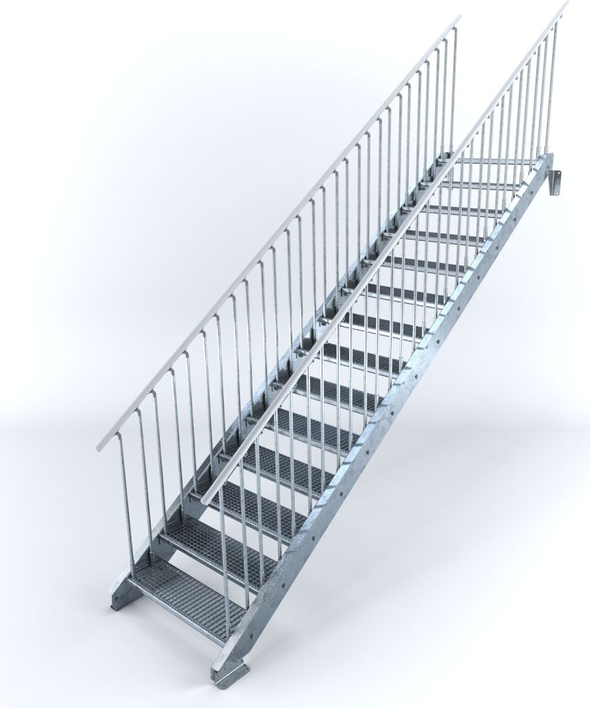 Stahltreppe 14 Stufen bis Höhe 280 cm, Laufbreite : 90 cm beidseitiges Geländer ST 3 (31 / 9 mm schmal)
