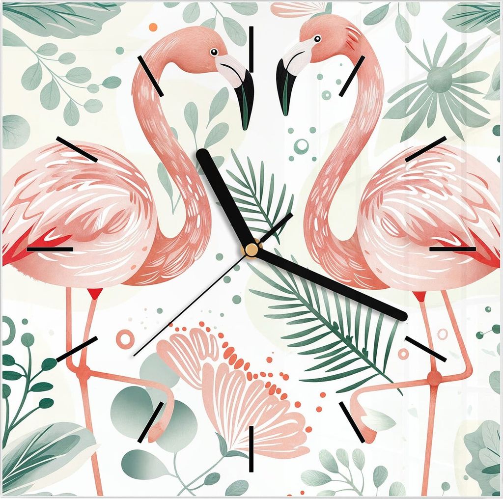 Wanduhr aus Glas mit Motiv Flamingo Blätter- 30 x 30 cm - inkl. Aufhängesystem