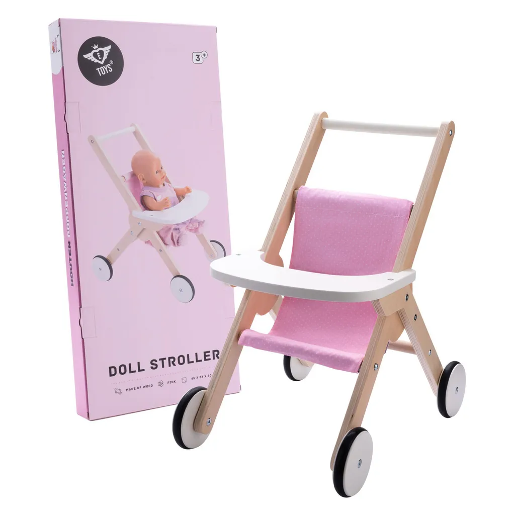Poussette de poupée en bois rose pour promenade et jeu d'imitation