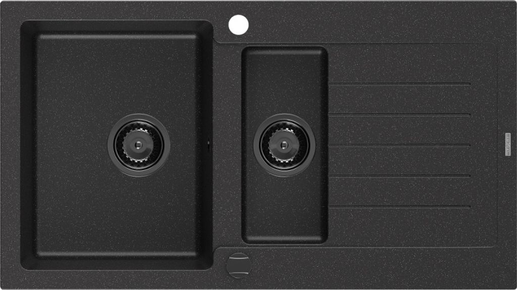 Mexen Matias 1,5-Becken-Granitspüle mit Abtropffläche 900 x 505 mm Schwarz/Silbermetallic, Siphon Schwarz - 6502901505-73-B