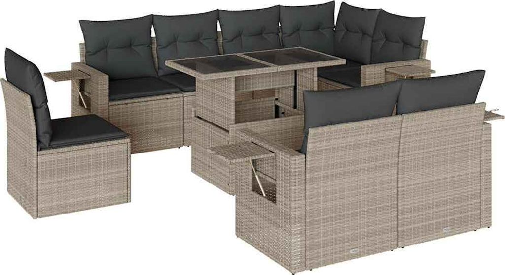 vidaXL 9-tlg. Garten-Sofagarnitur mit Kissen Hellgrau Poly Rattan