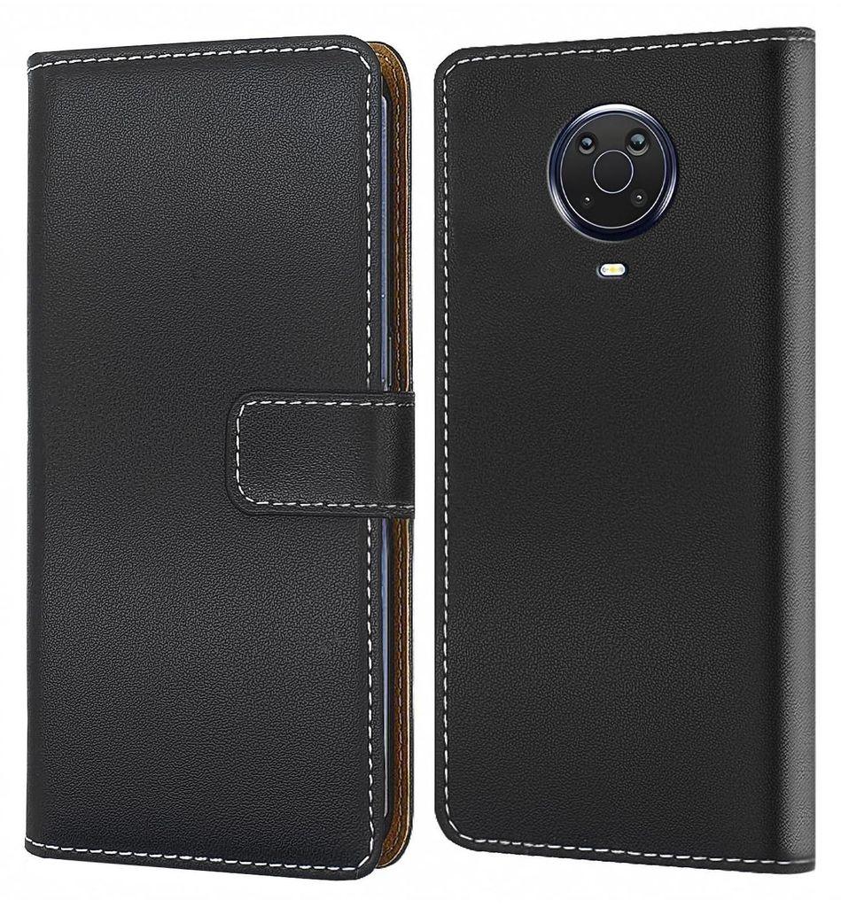A black flip-style phone case for a Nokia G20 is shown from two angles.