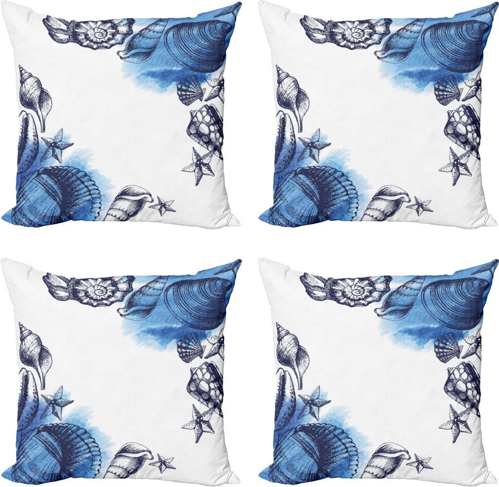 ABAKUHAUS Ozean Kissenbezug Set (4 Stück), Sealife Sea Shells Sand, Moderner Doppelseitiger Digitaldruck, 45 cm x 45 cm, Marine-Blau und Weiß