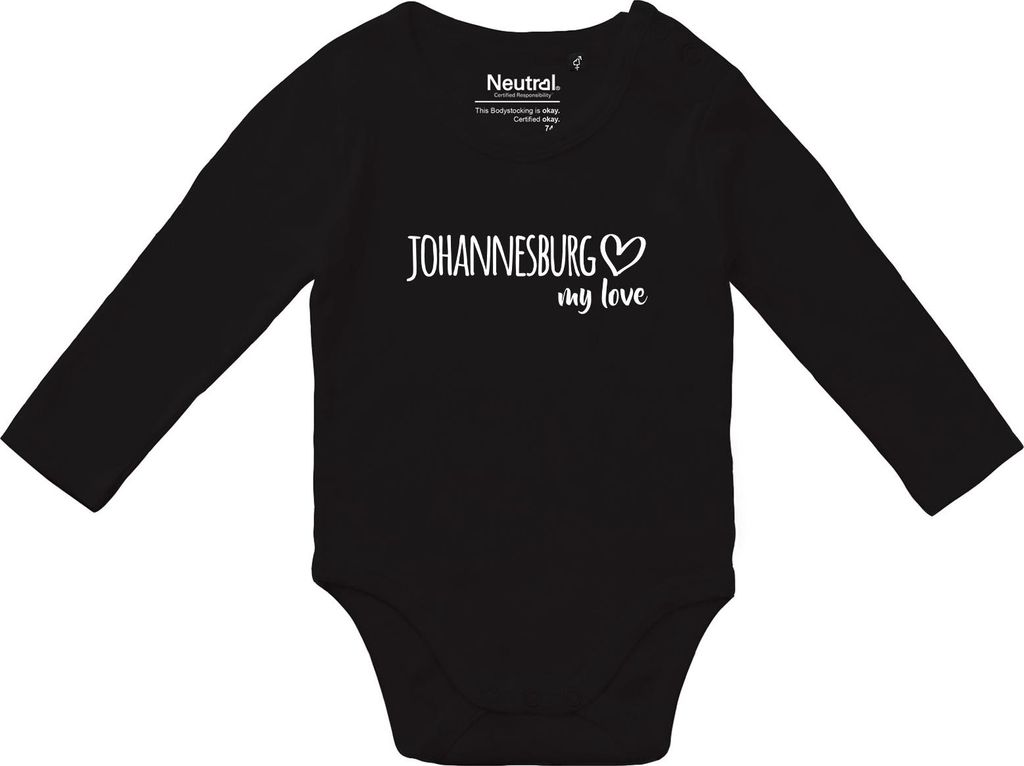 Huuraa Baby Body Johannesburg my love 74 Black Baumwolle Fairtrade Langarmbody Geschenkidee