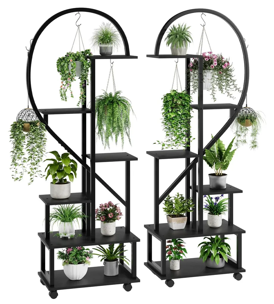 Support fleurs design demi-cœur 172 cm en métal noir avec 6 plateaux