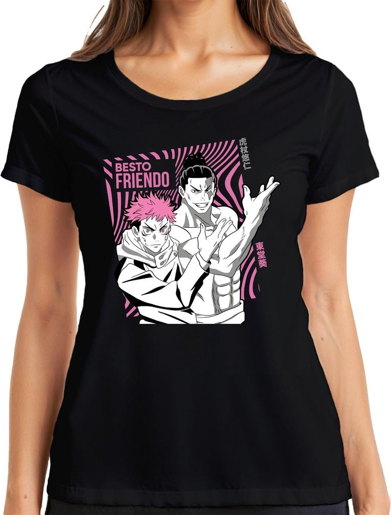Jujutsu Kaisen BESTO FRIENDO Yuji Itadori Aoi Todo Geschenk Anime Damen T-Shirt, Schwarz, M