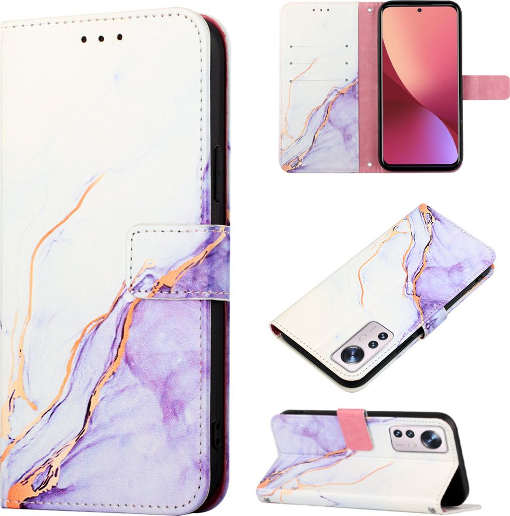 Xiaomi 12 Lite Hülle, Marmor Motiv Kunstleder Tasche Wallet Kartenfächer mit Standfunktion Klapp Schutzhülle für Xiaomi 12 Lite Weiß Lila
