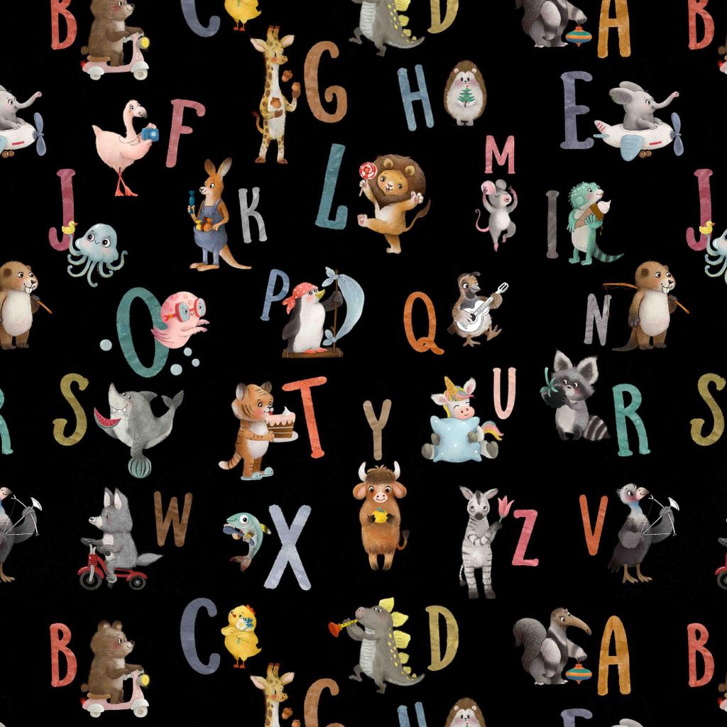 Popeline Alphabet Baumwollstoff Meterware Kinderstoff Tiere We Schwarz Bunt