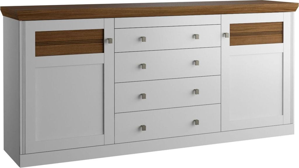 Kommode Rasina 07, Farbe: Weiß / Eiche geölt, teilmassiv - Abmessungen: 184 x 86 x 44 cm (B x H x T)