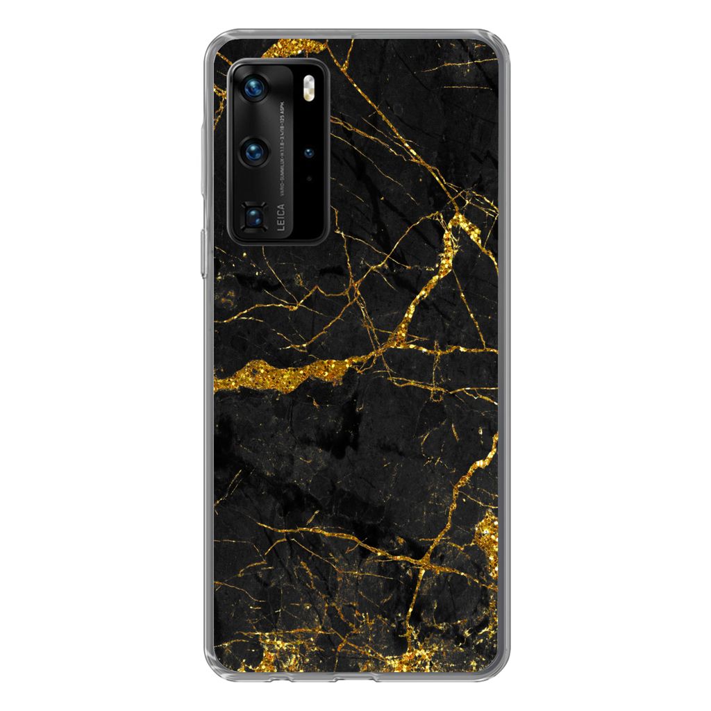 MuchoWow Handyhülle Schutzhülle Hülle für Huawei P40 Pro Marmor - Gold - Schwarz - Marmoroptik - Luxus - Glitzer Silikon Softcase Handy Hüll...
