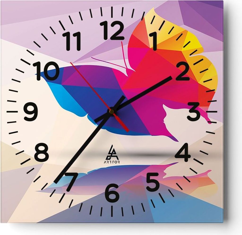 Wanduhr - Quadrat - Glasuhr - Schmetterling Illustration Grafik - 30x30cm - Schleichendes Uhrwerk - Lautlos - zum Aufhängen bereit - Dekoration Mo...