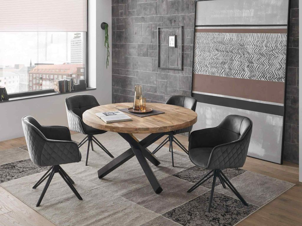 Essgruppe ACE Mangoholz massiv, 4 Stühle in grau + Esstisch rund