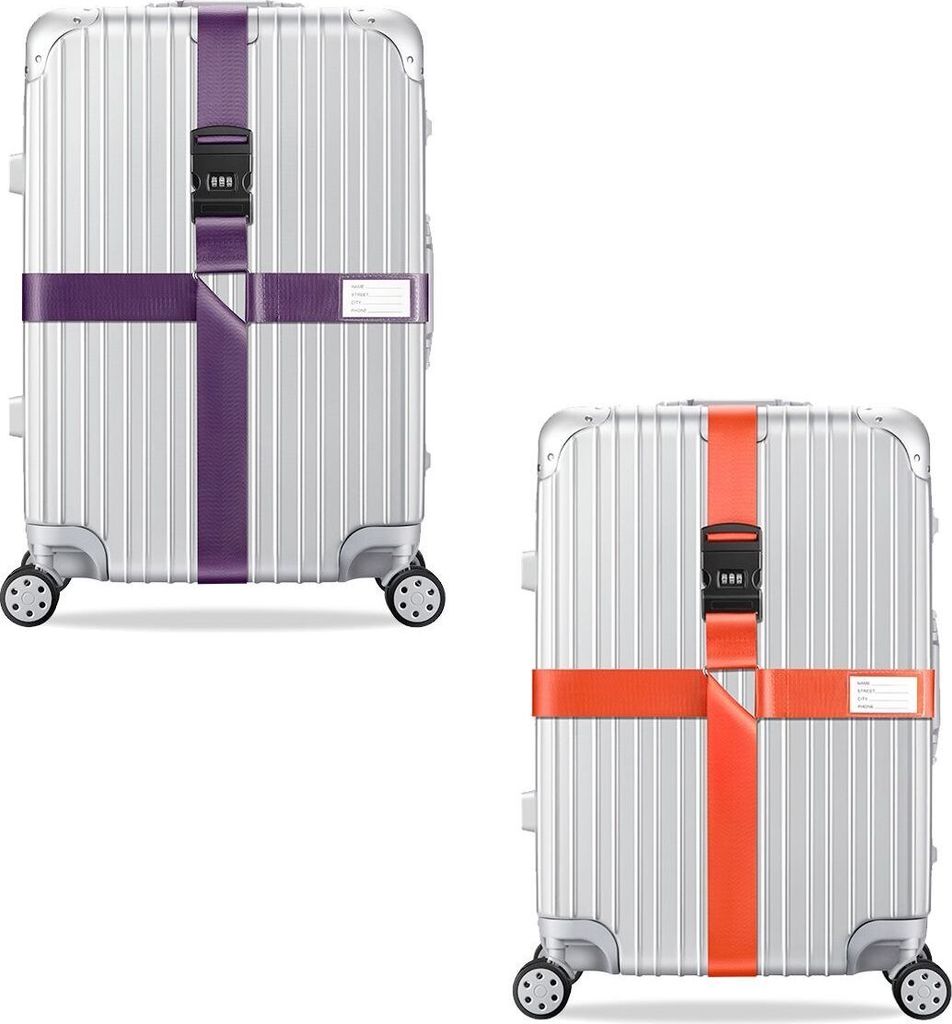 2x Kreuz Kofferband Koffergurt, Farbe:Violett / Orange
