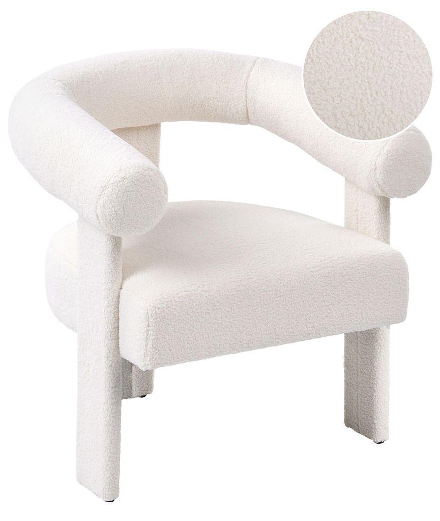 BELIANI Sessel Cremeweiß Bouclé Teddy Optik Komplett Gepolstert mit Armlehnen Holzbeine Geschwungene Rückenlehne Organische Form Retro Design