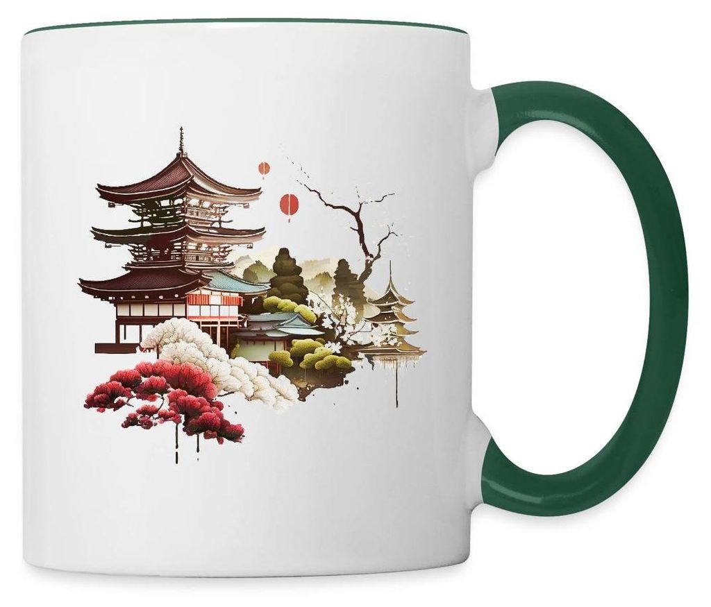 Spreadshirt Japanische Tempelromantik Mit Blütenzauber Tasse Zweifarbig, One size, Weiß/Dunkelgrün