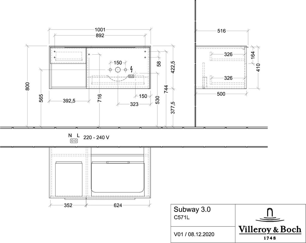 Villeroy & Boch Subway 3.0 Waschbeckenunterschrank, LED-Beleuchtung, 2 Auszüge, Waschbecken rechts, Regalelement unten links, 1001x422,5x516mm, C5...